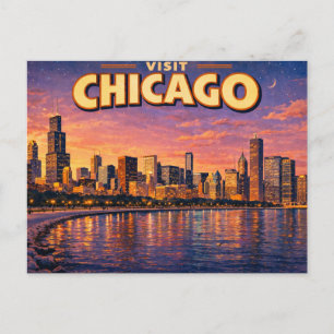 Chicagoer Skyline und Lake Michigan am Abend Feiertagspostkarte