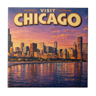 Chicagoer Skyline und Lake Michigan am Abend Fliese