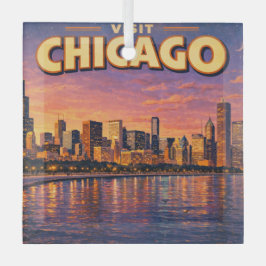 Chicagoer Skyline und Lake Michigan am Abend Ornament Aus Glas