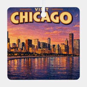 Chicagoer Skyline und Lake Michigan am Abend Ornament Aus Metall