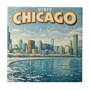 Chicagoer Skyline und Lake Michigan im Winter  Fliese