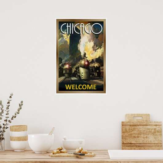 Chicagoer Stadt, Dampfzug, Eisenbahn, Jahrgang Poster (Küche)
