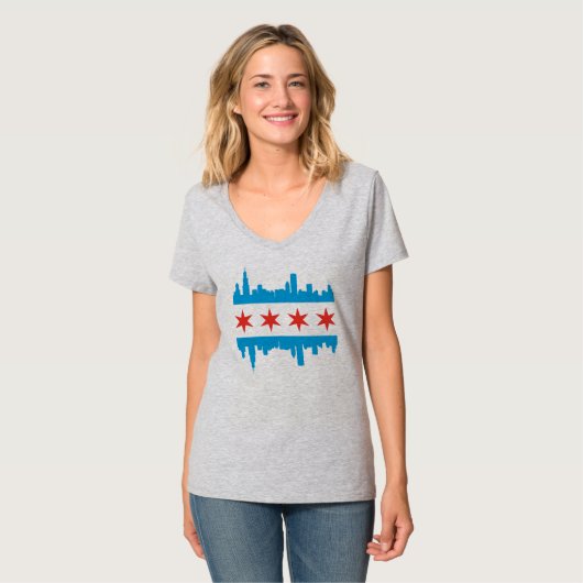 Chicagoskyline-Flaggen-Reflexions-T - Shirt (Vorderseite Vollansicht)