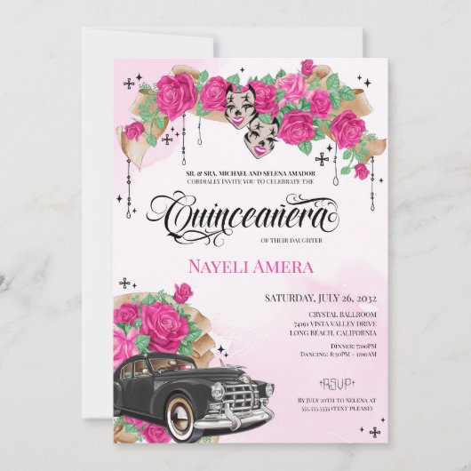 Chicana Lowrider Pink Rose Chola Quinceanera Einladung (Vorderseite)