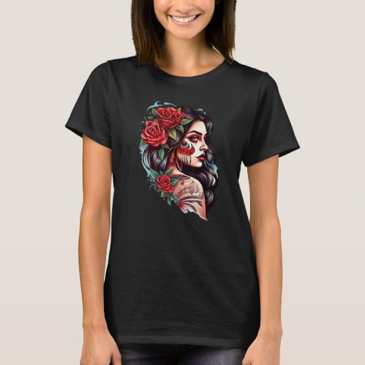 Chicano Girl Mexico Flowers Death Pretty T-Shirt (Vorderseite)