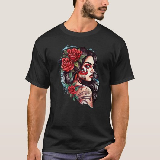 Chicano Girl Mexico Flowers Death Pretty T-Shirt (Vorderseite)