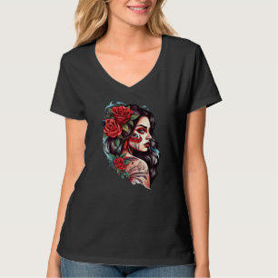 Chicano-Mädchen Mexiko Blumen Tod Schön T-Shirt