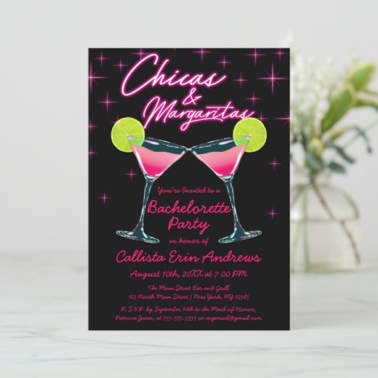 Chicas und Margaritas Neon Pink Junggeselinnen-Abs Einladung (Stehend Vorderseite)