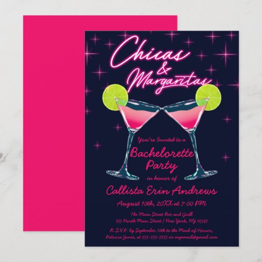 Chicas und Margaritas Neon Pink Junggeselinnen-Abs Einladung (Vorne/Hinten)