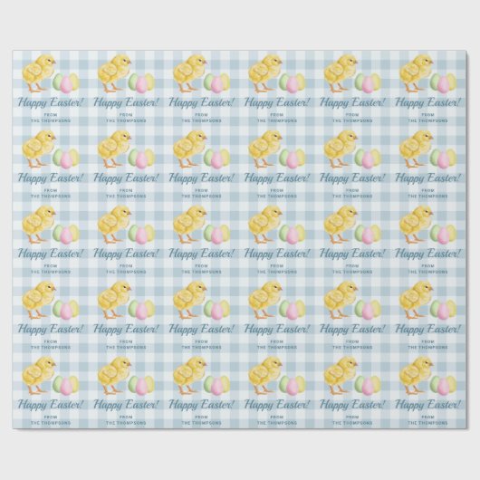 Chick And Pastel Eggs Happy Easter Blue Gingham Geschenkpapier (Flach)