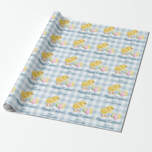 Chick And Pastel Eggs Happy Easter Blue Gingham Geschenkpapier (Ungerollt)