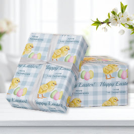Chick And Pastel Eggs Happy Easter Blue Gingham Geschenkpapier
