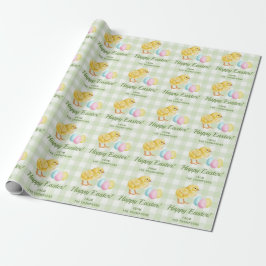 Chick And Pastel Eggs Happy Easter Green Gingham Geschenkpapier