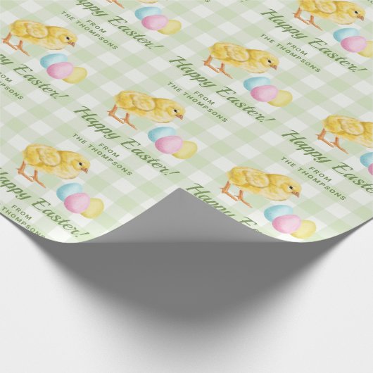 Chick And Pastel Eggs Happy Easter Green Gingham Geschenkpapier (Ecke)