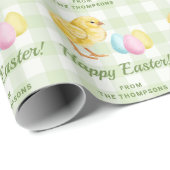 Chick And Pastel Eggs Happy Easter Green Gingham Geschenkpapier (Rolleneckpunkt)