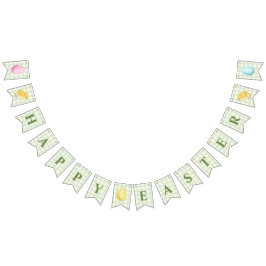 Chick And Pastel Eggs Happy Easter Green Gingham Wimpelkette