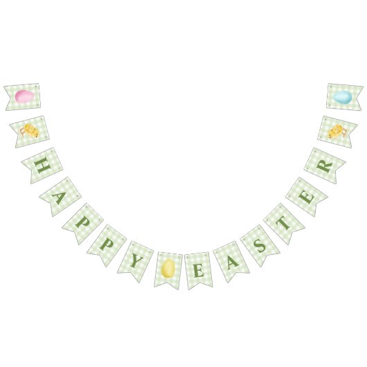 Chick And Pastel Eggs Happy Easter Green Gingham Wimpelkette (Alle)