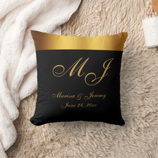 Chick Black Gold Monogram Script Wedding Kissen (Decke)