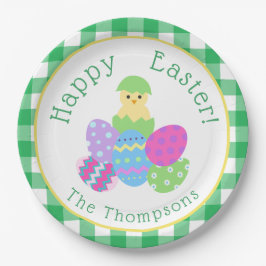 Chick Colored Eggs Green Check Happy Easter Round Pappteller