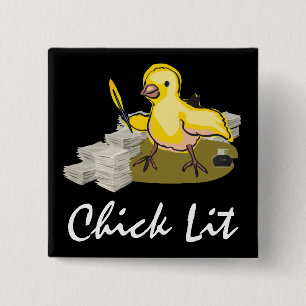 Chick Lit Writer with Paper and Feather Quill Button