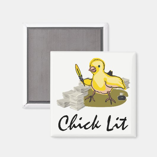 Chick Lit Writer with Paper and Feather Quill Magnet (Vorderseite/Rückseite)