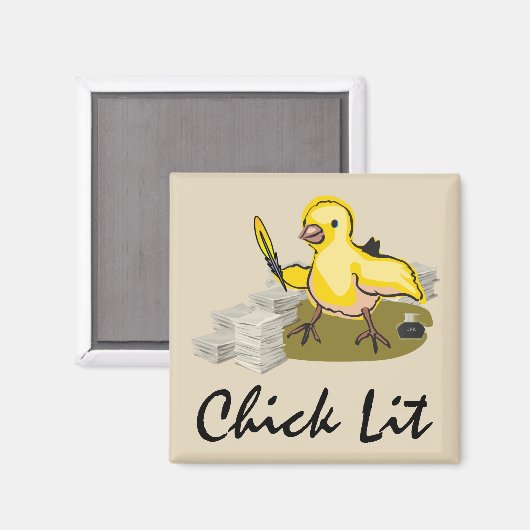 Chick Lit Writer with Paper and Feather Quill Magnet (Vorderseite/Rückseite)