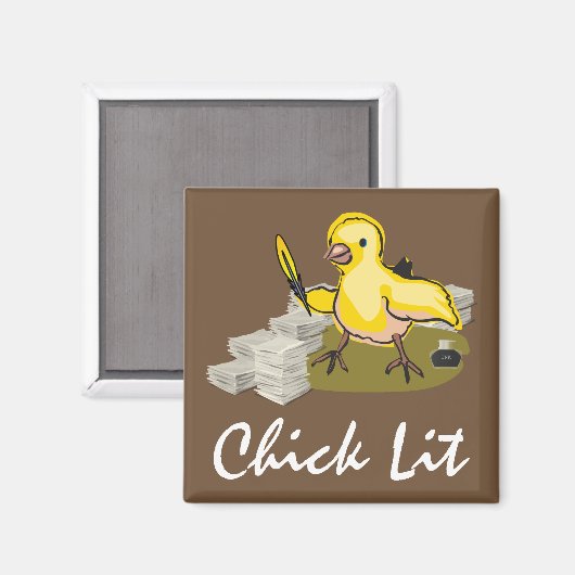 Chick Lit Writer with Paper and Feather Quill Magnet (Vorderseite/Rückseite)