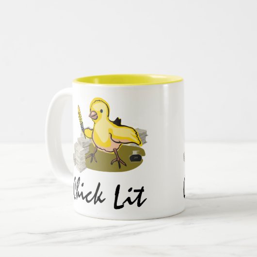 Chick Lit Writer with Paper and Feather Quill Zweifarbige Tasse (Vorderseite Links)