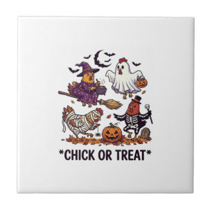 Chick Or Treat Haloween Hühner Hexe Geist Kürbis Fliese