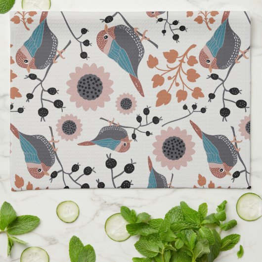 Chickadebird und Berry Muster Blumendesign Geschirrtuch (Gefaltet)