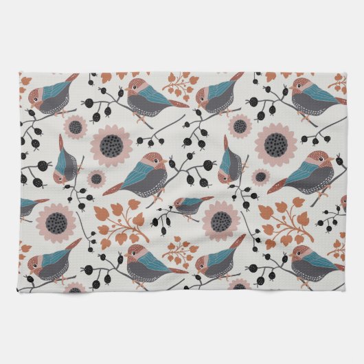 Chickadebird und Berry Muster Blumendesign Geschirrtuch (Horizontal)