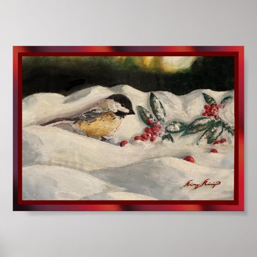 Chickadee and Mistletoe on Christmas Winter Snow P Poster (Vorne)