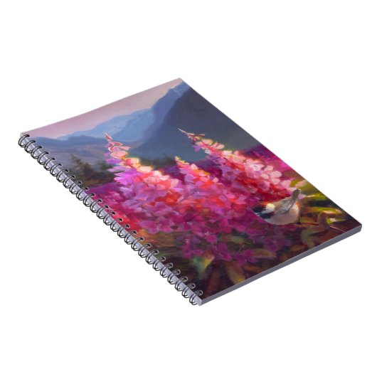 Chickadee auf alaskischen Wildblumen mit Bergen Notizblock (Rechte Seite)