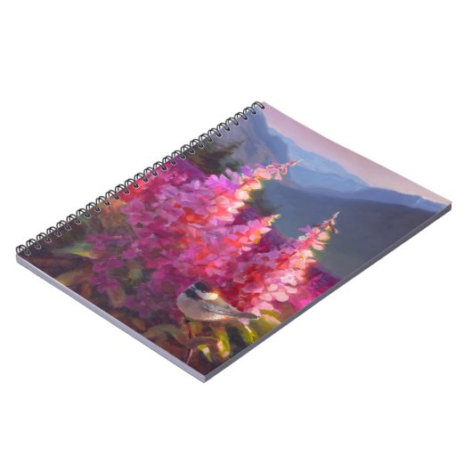 Chickadee auf alaskischen Wildblumen mit Bergen Notizblock (Linke Seite)