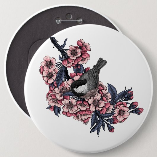 Chickadee auf einem blühenden Kirschzweig Button (Vorne & Hinten)