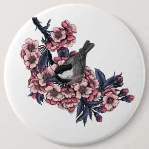 Chickadee auf einem blühenden Kirschzweig Button