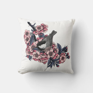 Chickadee auf einem blühenden Kirschzweig Kissen