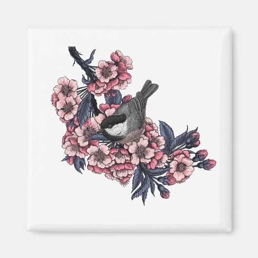 Chickadee auf einem blühenden Kirschzweig Magnet (Vorne)