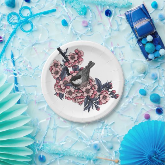 Chickadee auf einem blühenden Kirschzweig Pappteller (Party)