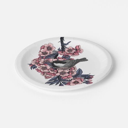 Chickadee auf einem blühenden Kirschzweig Pappteller (Schrägansicht)