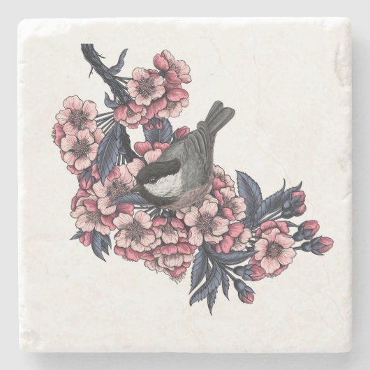 Chickadee auf einem blühenden Kirschzweig Steinuntersetzer (Vorderseite)