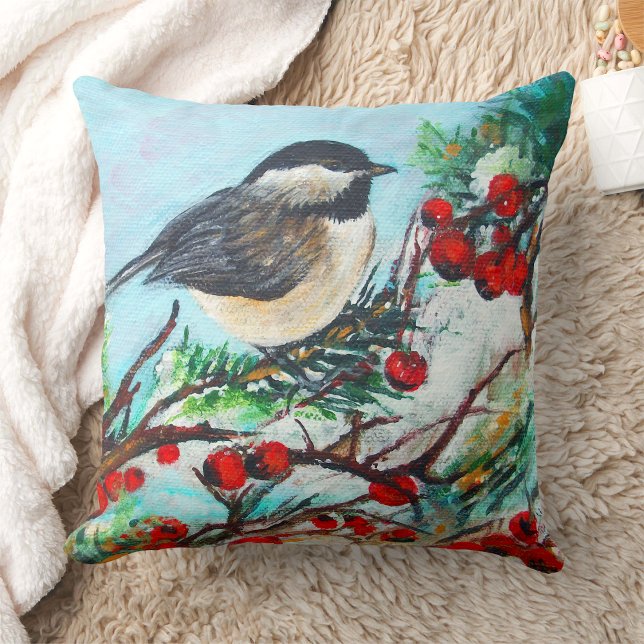 Chickadee Bird Berries Winter Art Kissen (Chickadee Bird Berries Winter Art Throw Pillow from Jenn's Emporium. )
