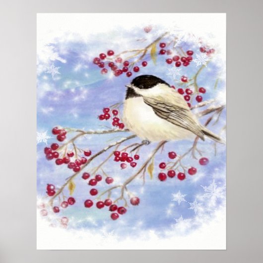 Chickadee Bird Berries Winterkunst Poster (Vorne)