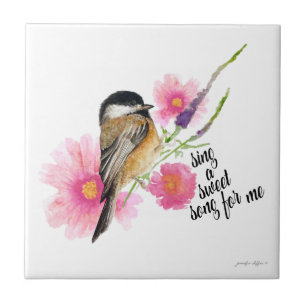 Chickadee Bird Blume Wasserfarbe Sprichwort Fliese