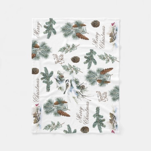 Chickadee Bird Evergreen Frohe Weihnachten Französ Fleecedecke (Vorderseite)