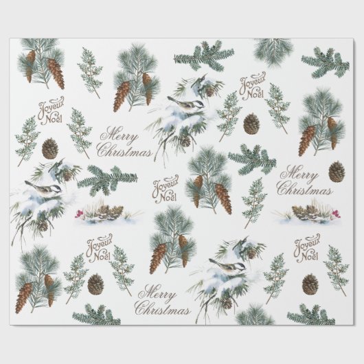 Chickadee Bird Evergreen Frohe Weihnachten Französ Geschenkpapier (Flach)