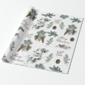 Chickadee Bird Evergreen Frohe Weihnachten Französ Geschenkpapier (Ungerollt)