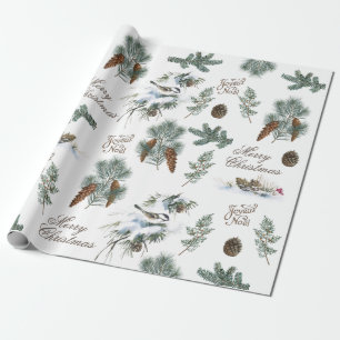 Chickadee Bird Evergreen Frohe Weihnachten Französ Geschenkpapier