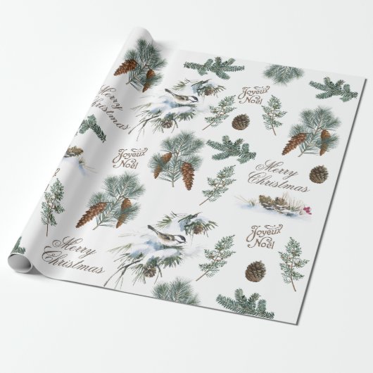 Chickadee Bird Evergreen Frohe Weihnachten Französ Geschenkpapier (Ungerollt)