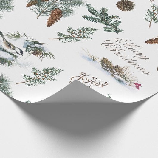 Chickadee Bird Evergreen Frohe Weihnachten Französ Geschenkpapier (Ecke)